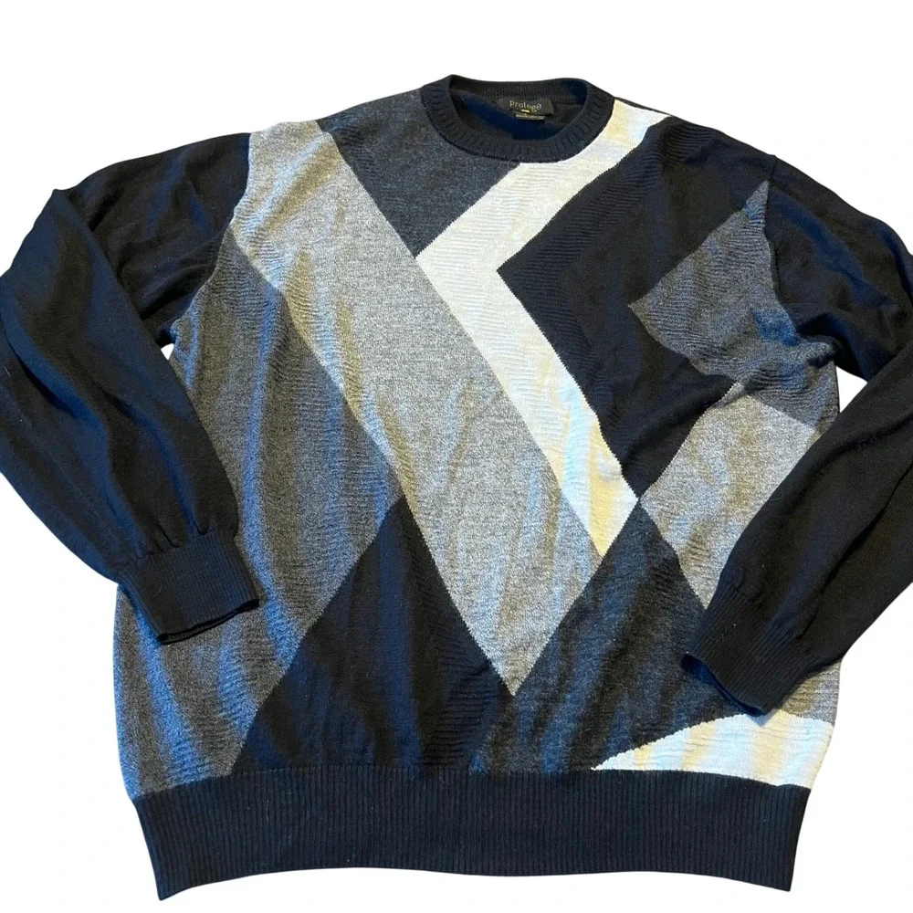 Protege Men's‎ Geometric Pattern Crew Neck Sweater L Black Gray White Wool Blend
